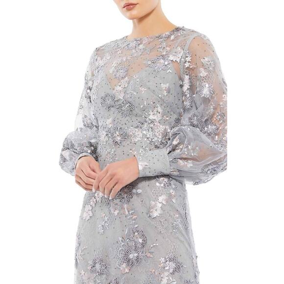 Mac Duggal Platinum Gray Sequin Floral Embroidered Long Sleeve Gown Sz 18 Formal - Picture 14 of 15
